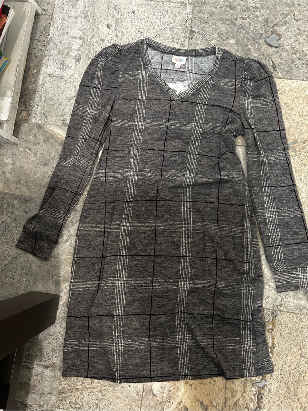 Lularoe Women's Gray Plaid V-Neck Dress